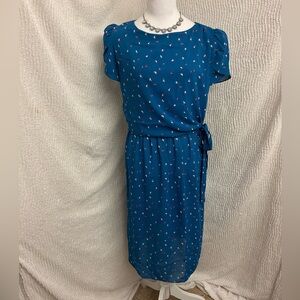 Vintage Alison Peters Blue Floral Dress Women’s M Sheer Flutter Sleeve Bow